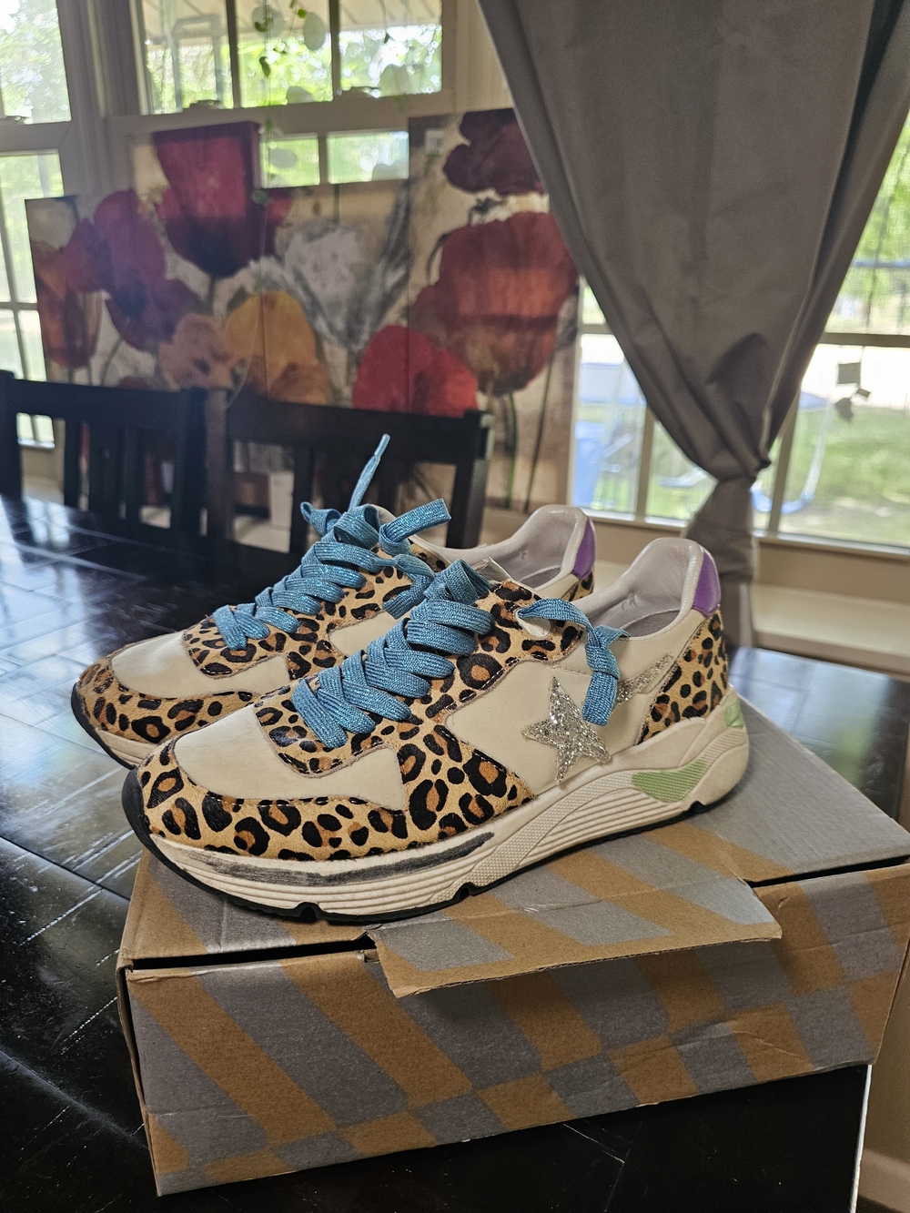 Golden Goose Leopard Print Sneakers with Blue Laces and Silver Star